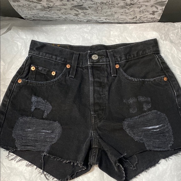 Levis | 501 Black Distressed Denim Shorts - W25 - High Rise - Picture 1 of 11